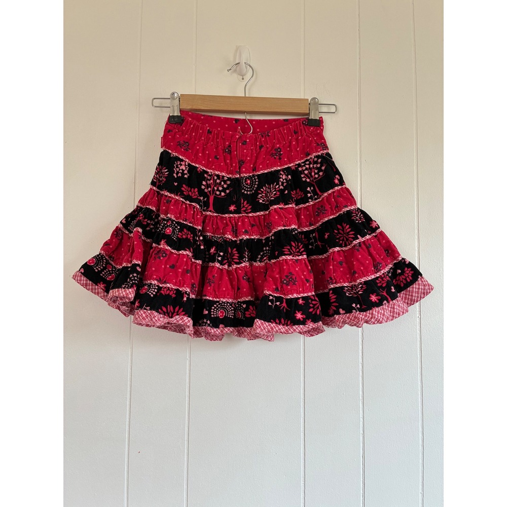 Pumpkin‎ Patch Kids Girls Tiered Corduroy Skirt Red Black Floral Tree Print S 5